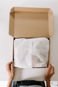 Packaged orders ready for shipping.