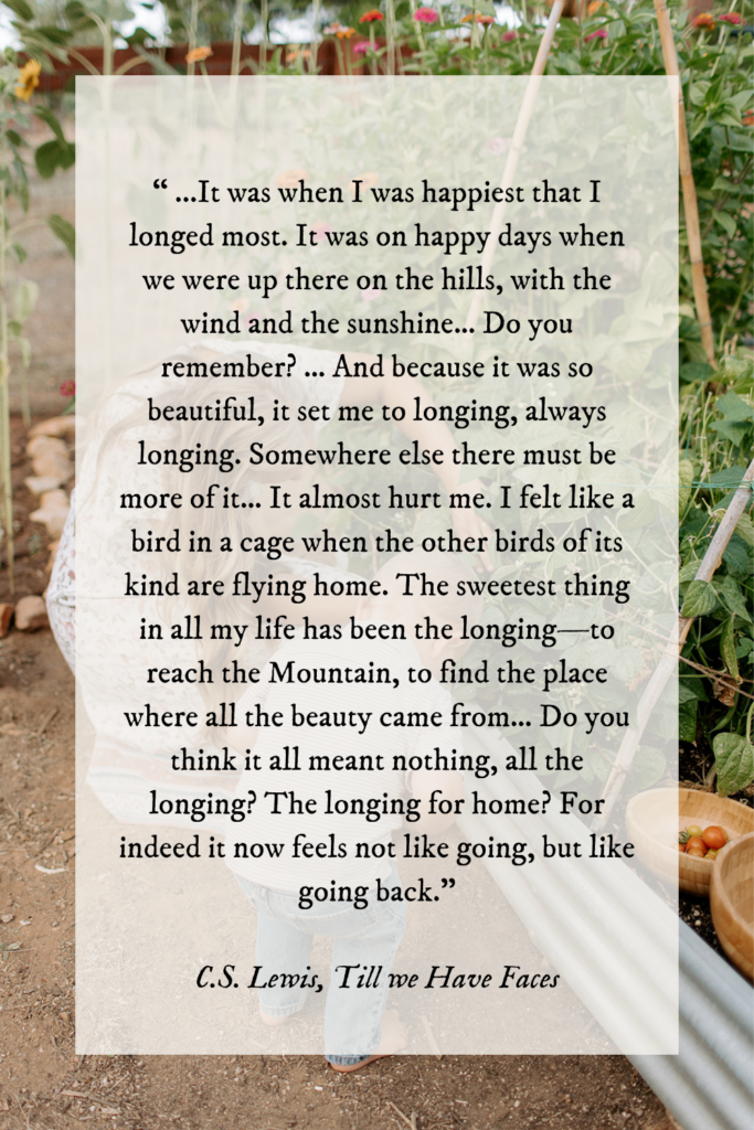 “ ...It was when I was happiest that I longed most. It was on happy days when we were up there on the hills, with the wind and the sunshine… Do you remember? … And because it was so beautiful, it set me to longing, always longing. Somewhere else there must be more of it… It almost hurt me. I felt like a bird in a cage when the other birds of its kind are flying home. The sweetest thing in all my life has been the longing—to reach the Mountain, to find the place where all the beauty came from… Do you think it all meant nothing, all the longing? The longing for home? For indeed it now feels not like going, but like going back.” C.S. Lewis, Till we Have Faces